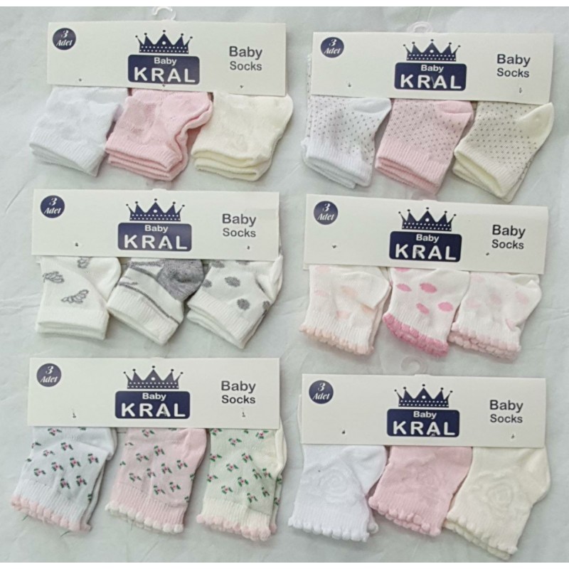 LOT DE 3 PAIRES DE CHAUSSETTES FILLES KRAL BABY 0-6 MOIS LOT DE 3 PAIRES DE CHAUSSETTES FILLES KRAL BABY 0-6 MOIS